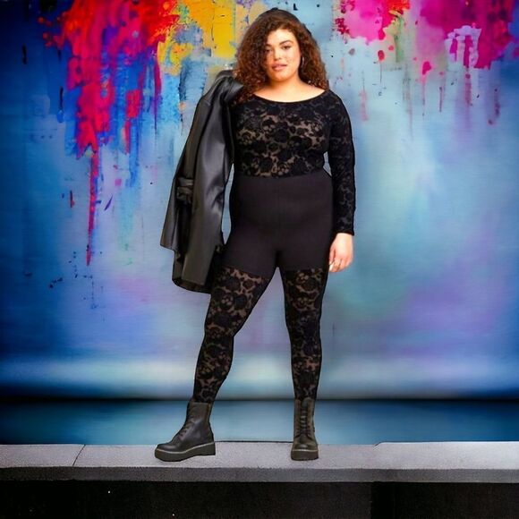 TORRID Full LengthโFlocked Lace Rose Black Skull Catsuit 2X - Picture 10 of 13